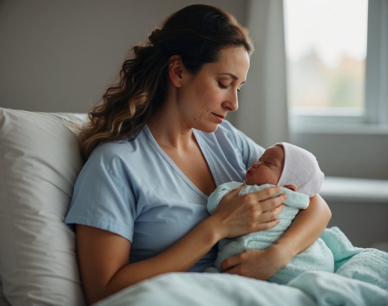 donna in un letto d ospedale che allatta il figlio